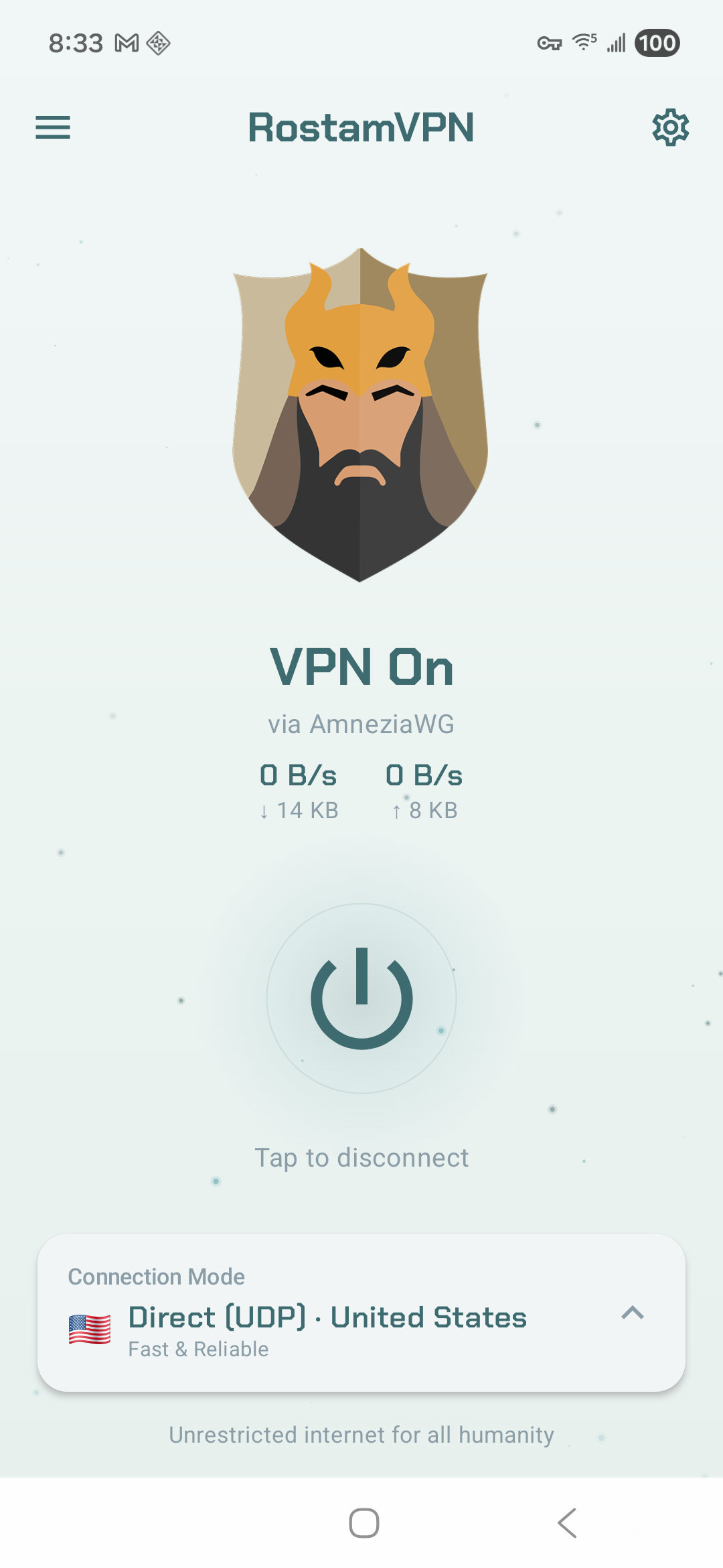 RostamVPN connected and protecting your connection